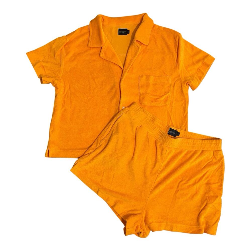 WSLY Cotton Terry Cloth Top & Short Set Women Size Large Orange Beach Travel